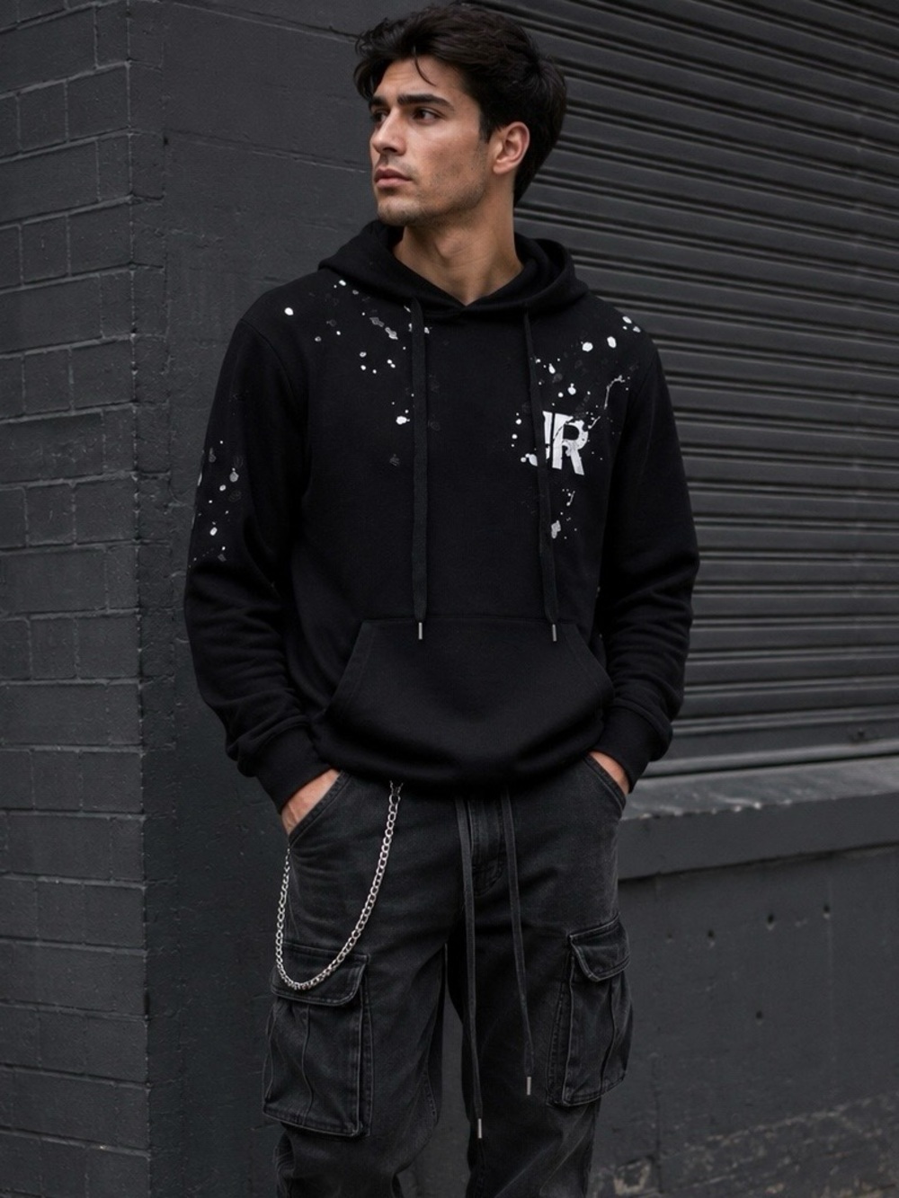 John Richmond Black Hoodie SZ XS Embroidered Paint Splatter Streetwear Unisex